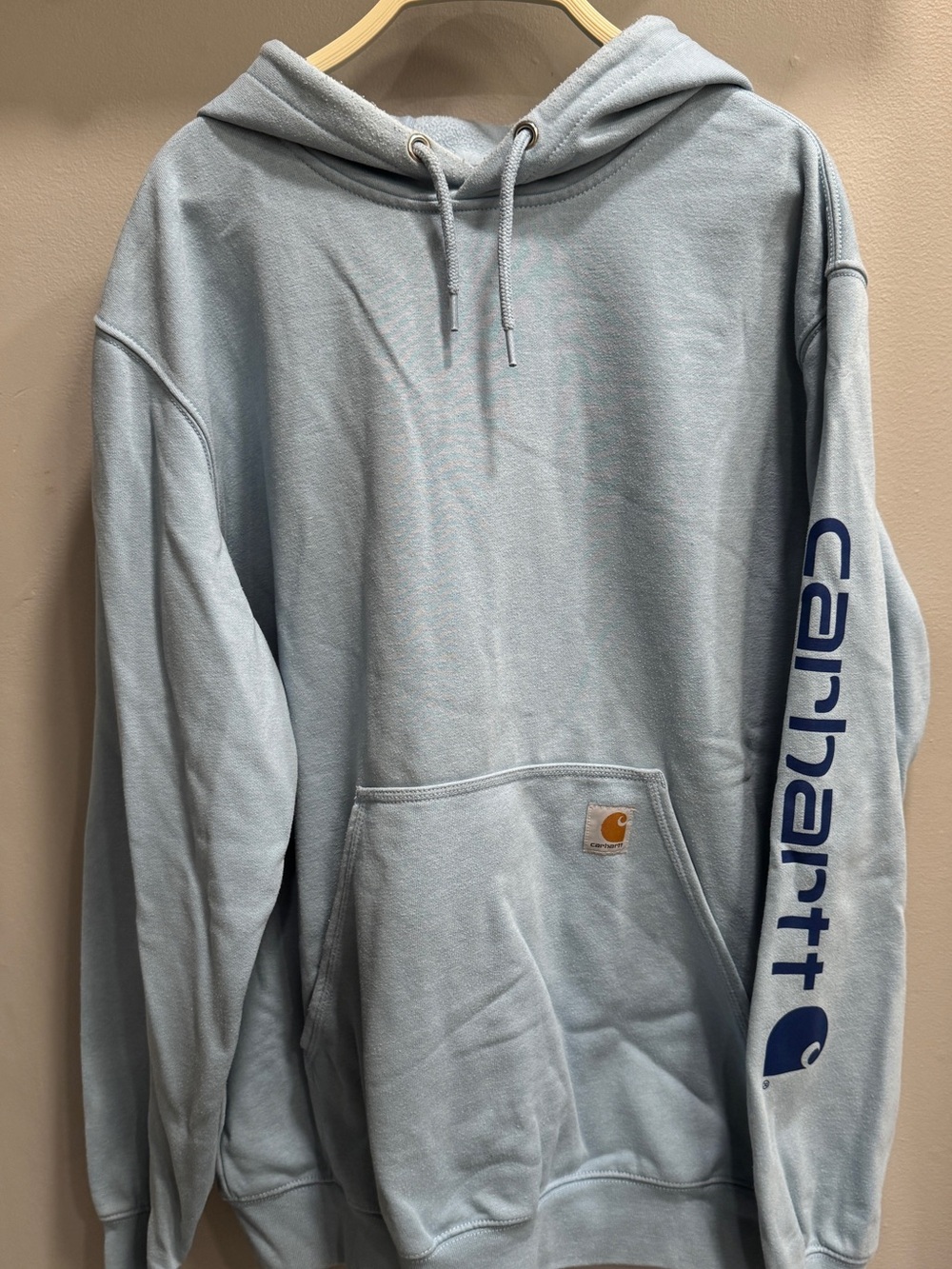 Carhartt Men's Pale Blue Hoodie with Navy Sleeve Logo